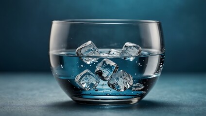 Poster - Crystal-clear water in glass bowls on a blue background.