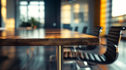 Aufkleber - Deserted boardroom with a prominent wooden table in the foreground, hinting at an imminent meeting