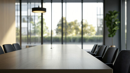 Poster - Empty conference room with a large table and black office chairs facing a large window with a view of trees