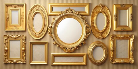 Elegant gold oval and rectangular decorative picture frames hanging on a wall , luxury, elegant, gold, empty, oval