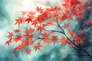 Wall Mural - colorful red autumn leaves on a branch