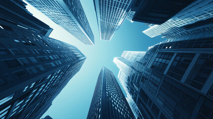 Fototapete - This low angle view of modern skyscrapers converging in the sky evokes feelings of awe and power