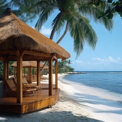 Poster - A thatched roof hut on a white sand beach with turquoise water and palm trees.