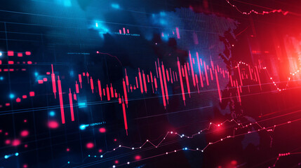 Poster - Stock market charts in red and falling financial data alongside a world map illustrate the concept of economic recession