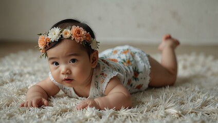 Curious Chinese baby girl in a floral headband crawling on a white rug.