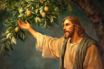 Jesus Christ Reaching for Fruit From a Tree in a Painting.