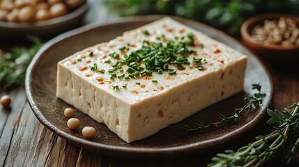 A block of tofu on a plate garnished with chives, surrounded by soybeans, herbs, and spices.