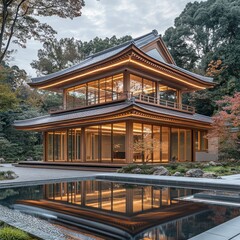 Poster - A traditional Japanese house with a wooden structure and a pond in the front.