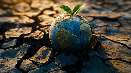 A globe with dried, cracked earth and a single green sprout conceptual illustration of hope and resilience amidst climate change. Cracked Earth. Illustration