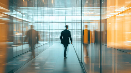 Poster - Businessman strolling through a sleek office hallway with reflective glass walls
