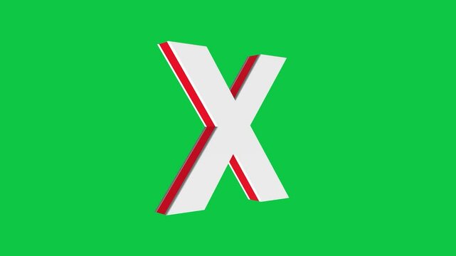 3D X letter logo rotating on green screen chroma key background, 4K English alphabet animation video clip