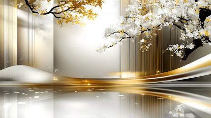 Wall Mural - Golden and White Abstract Art with Branches and Reflection