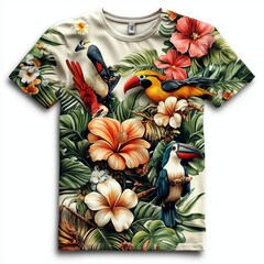 Poster - A tropical t-shirt design with birds and flowers.