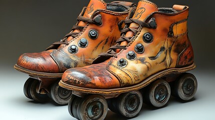 A pair of custom-made leather roller skates with a unique design.