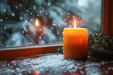 Sticker - Yellow Christmas candle in front of window with snow