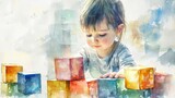 A young child playfully stacking colorful blocks in a bright and cheerful environment, promoting creativity and exploration.