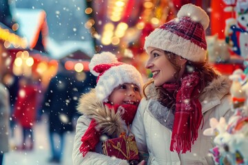 A heartwarming scene at the Winter Market A mother and daughter sharing a special holiday embrace, full of festive joy and cheer. The spirit of the season in every smile and gesture