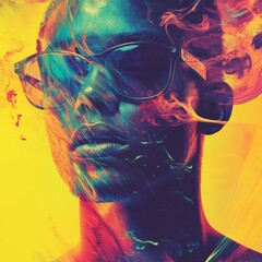 A vibrant portrait of a person wearing sunglasses, with colorful abstract shapes and patterns overlaying the image.