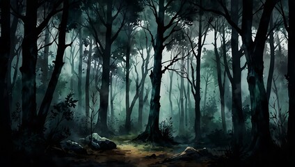 Wall Mural - Dark forest with twisted trees in watercolor style.