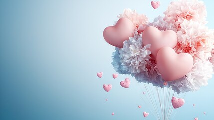 Wall Mural -   Pink balloons with hearts inside float on a blue backdrop