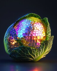 Canvas Print - A vibrant, iridescent sphere encased within a green cabbage, illuminated by a soft, warm light.