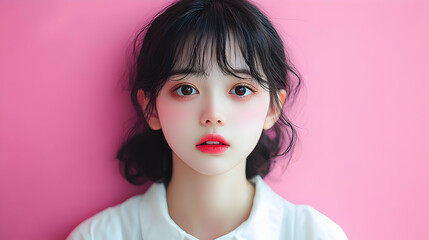 Poster - Portrait of a Young Woman with Black Hair and a Pink Background