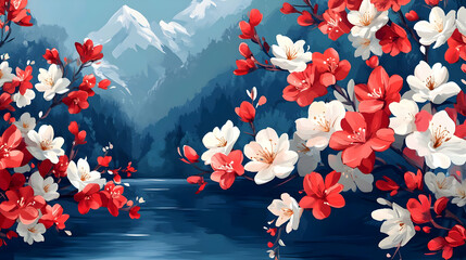 Poster - Blooming Flowers by the Lake with Mountain View