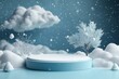© Rattana - high-quality illustration of a podium in a winter setting with snowfall and a white night background, designed for mock presentations and product displays on a round pedestal with cloud and sky