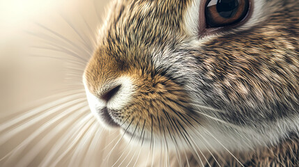 Wall Mural - A close-up shot of a rabbit's face with detailed whiskers and fur texture against a light solid color backdrop,no blurriness. Fur Texture. Illustration