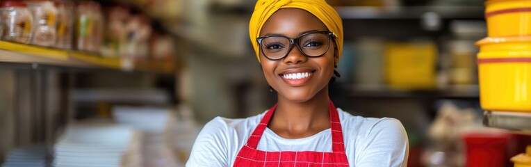 The cheerful supermarket owner proudly displays her business with a warm smile