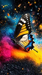 Wall Mural -   A vibrant butterfly perched on top of brightly colored paint and speckled with more hues against a dark canvas