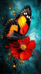 Wall Mural -   A butterfly atop a flower against a blue-red backdrop, with a central yellow hue