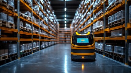 Poster - a sustainable warehouse featuring an autonomous robot in action during daylight hours