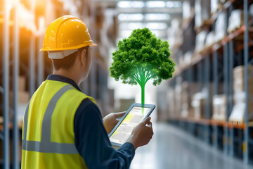 Back view of a warehouse supervisor interacting with a green virtual icon of a tree, representing smart logistics and digital warehouse management system.