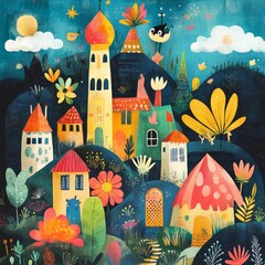 Wall Mural - A whimsical illustration of a colorful town nestled among rolling hills with a full moon and birds in the sky.