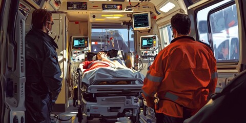 Ambulance interior, patient on stretcher, two men.