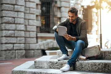 Aufkleber - Tablet, smile and online with man in city for communication, social media and connection. Networking, newsletter and location app with person in urban downtown for search, digital or internet