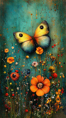 Wall Mural -   Two Butterflies on Green Background with Orange & Yellow Flowers