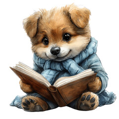 A cute puppy reading a book, cozy in a blue sweater, showcasing warmth and charm in an adorable setting.