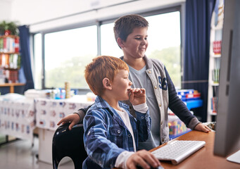 Aufkleber - Computer, education and research with children in classroom for technology, future and digital library. Learning, internet and study portal with students at school for connection, online and project