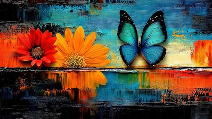 Wall Mural -   A blue butterfly sits atop a red and yellow flower on a blue-orange backdrop