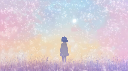 Sticker - Girl Gazes at Sky with Falling Snowflakes, Beautiful Fantasy Art