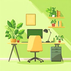 Green office solutions, flat design, front view, eco-friendly workspace theme, cartoon drawing, colored pastel 