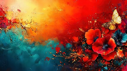 Wall Mural -   A painting of colorful flowers and fluttering butterflies on a vibrant red, blue, yellow, and orange backdrop with water droplets