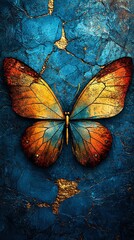 Wall Mural -   A painting of a vibrant yellow-blue butterfly on a deep azure canvas, adorned with a golden speck centered on its wing