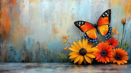 Wall Mural -   A butterfly perched on flower cluster with orange and yellow background