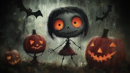   A little girl surrounded by jack-o'-lanterns