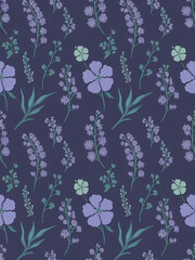 Canvas Print - purple flowers with green leaves on dark blue background, ditsy floral pattern, floral pattern with flowers