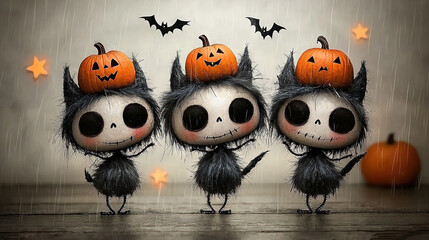 Canvas Print -   Three Jack-o'-Lanterns perched atop each other in front of a group