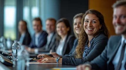 Wall Mural - Successful businesswoman leads diverse team in productive meeting, collaborating on strategies for corporate success with teamwork and communication